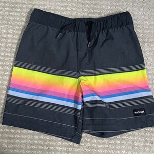 Hurley Dark Gray Swim Shorts with Neon Yellow, Pink & Blue Stripes